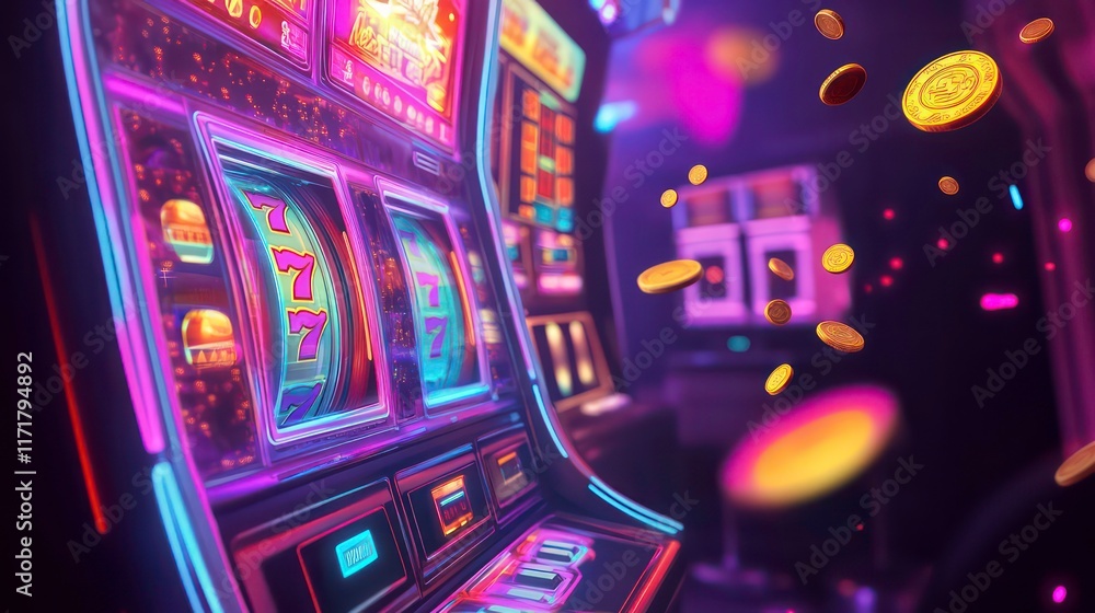 Close-up of a vibrant slot machine with glowing reels and falling coins in a casino setting. Close-up of a vibrant slot machine with glowing reels and falling coins in a casino setting.