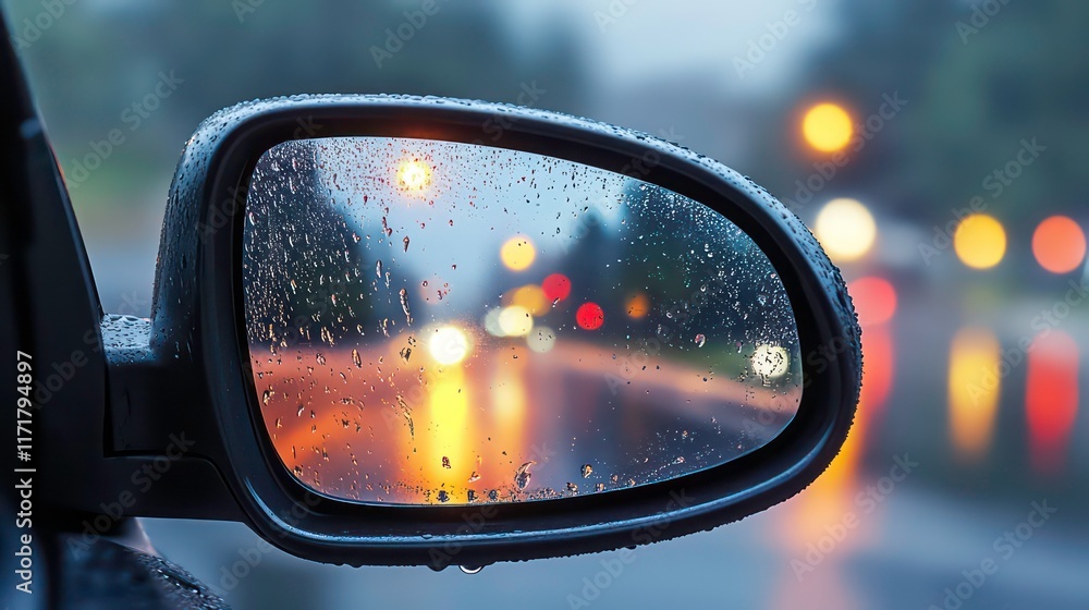 Rain-covered car side mirror reflecting blurred city lights and traffic at night. Rain-covered car side mirror reflecting blurred city lights and traffic at night.