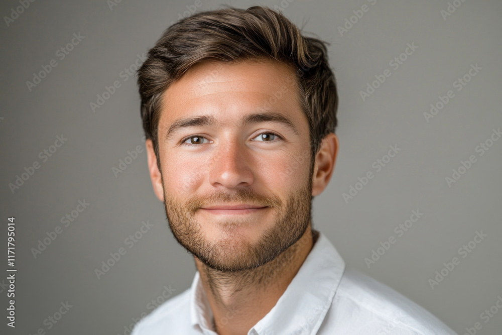 Fototapeta premium Man with beard wearing white shirt playing guitar outdoors next to a campfire under starry night sky.