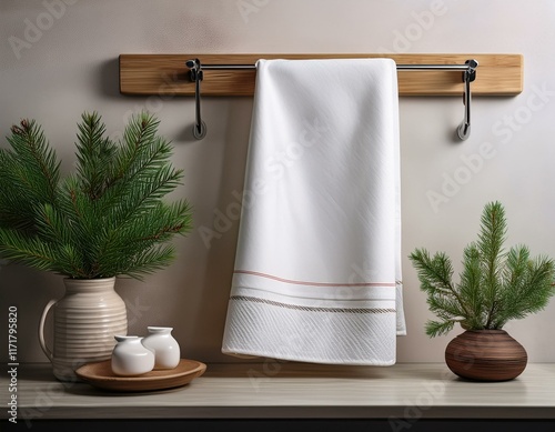 kitchen towel mock up white linen tea towel hanging on rail cozy kitchen background with spruce branch decoration blank folded towel template for winter season designs