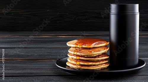 Stack of pancakes drenched in syrup sits on a plate next to a black thermos on a dark wooden background. photo