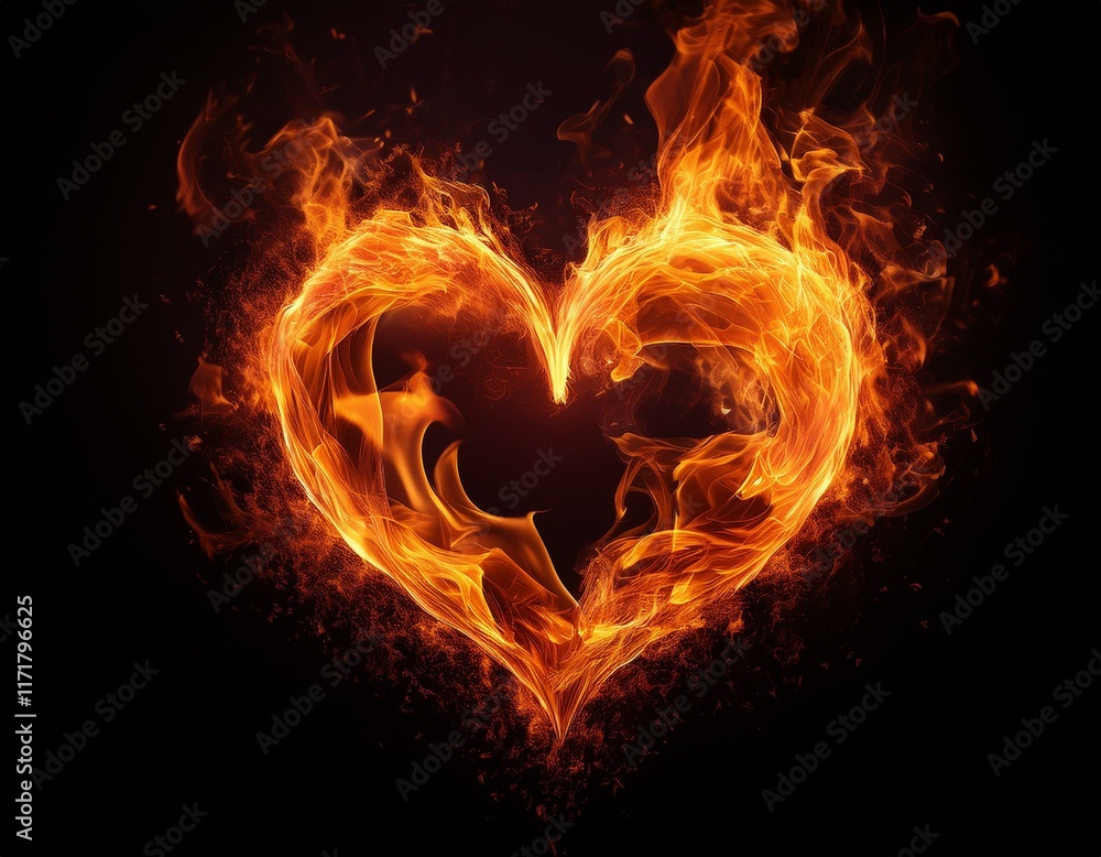 Fototapeta premium fiery heart shaped flames against dark background symbolizing intense passion