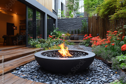 Modern Backyard Oasis Featuring Fire Pit and Lush Landscaping