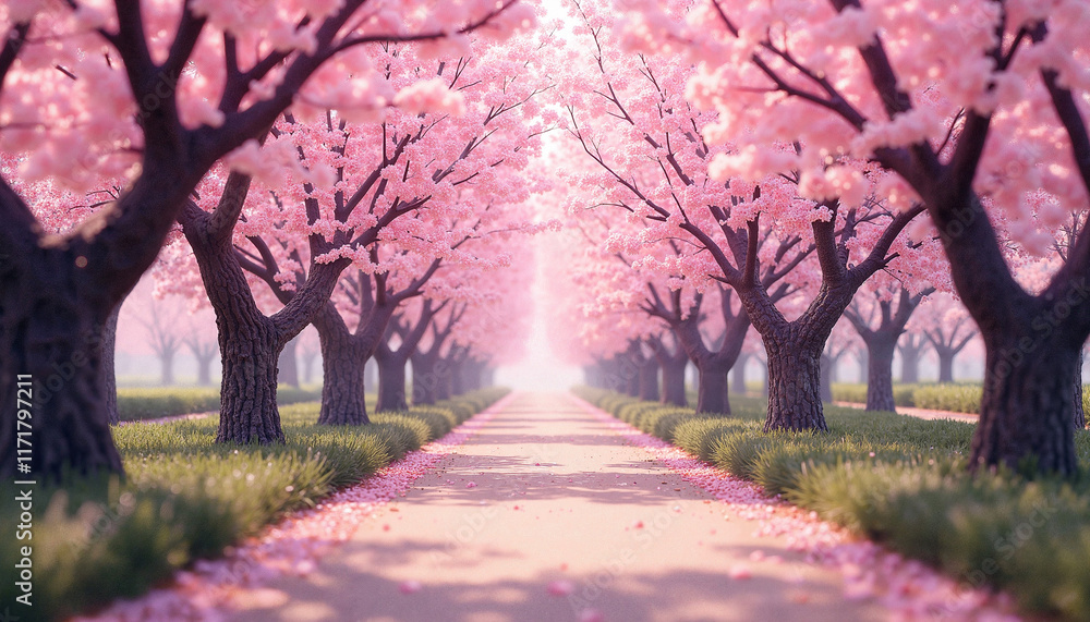 Naklejka premium Cherry blossom trees lining a peaceful pathway