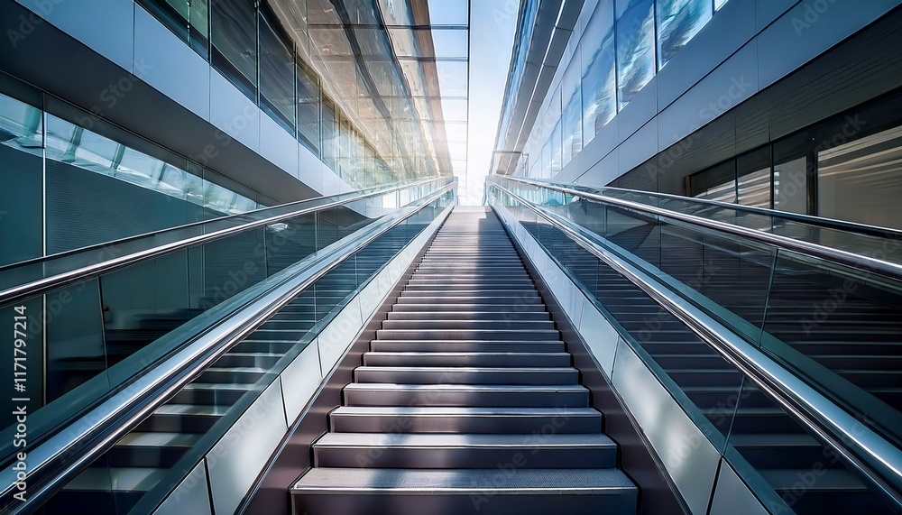 sleek and modern staircase extends upward symbolizing progress ambition and the journey toward success with clean lines and reflective surfaces creating a sense of endless opportunity and forward