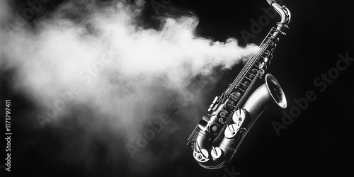 Minimalistic 3D noirstyle jazz border with saxophone smoke notes photo