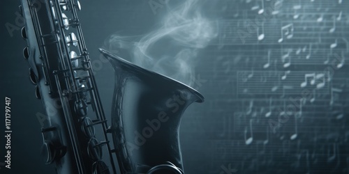 Minimalistic 3D noirstyle jazz border with saxophone smoke notes