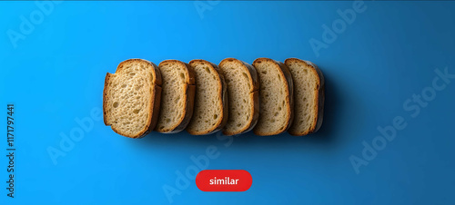 morphing image of above view with slices of bread lined up side by side on an isolated blue background in photo app interface with buttons for similar red button that s