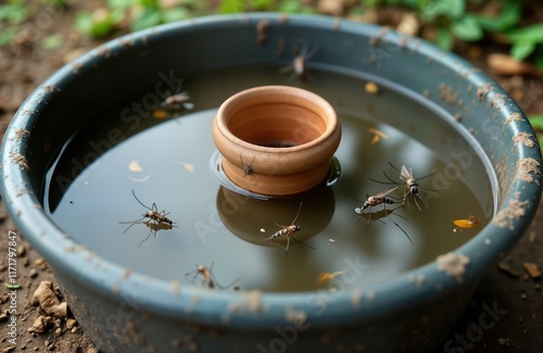 Abandoned plastic bowl filled with stagnant water holds small clay pot. Mosquitoes breed in stagnant water. Close-up photo highlights potential breeding ground for disease-carrying mosquitoes like