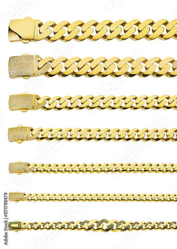 Gold chain necklace on white background isolated