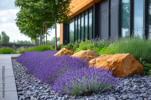 Lavender plants flourish in a modern landscape design