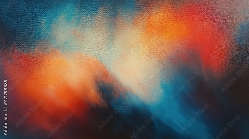 Fototapeta premium Abstract painting, blurred colors, orange and blue gradients, fluid textures, soft transitions, atmospheric, ethereal, emotional, vibrant, dynamic brushstrokes, panoramic composition, dreamlike, cosmi
