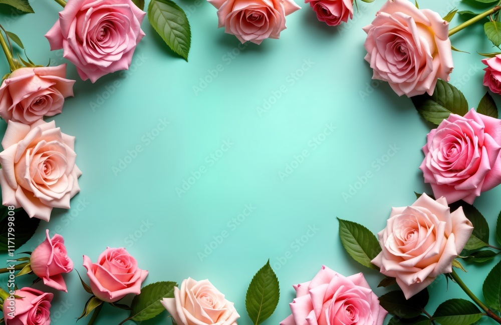 Pink, peach roses arranged in frame on mint green background. Floral composition perfect for Valentine Day, Mother Day Women Day. Flat lay style. Beautiful roses, leaves create soft, romantic Pink, peach roses arranged in frame on mint green background. Floral composition perfect for Valentine Day, Mother Day Women Day. Flat lay style. Beautiful roses, leaves create soft, romantic