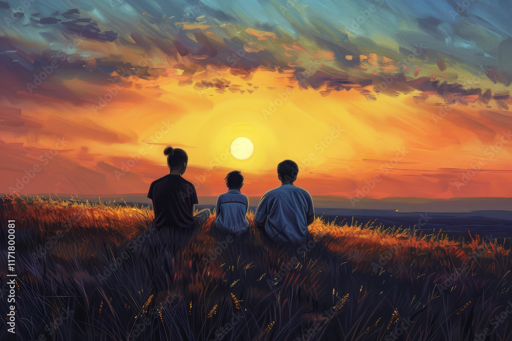 A family of three sits on a hillside, watching the sun set A family of three sits on a hillside, watching the sun set