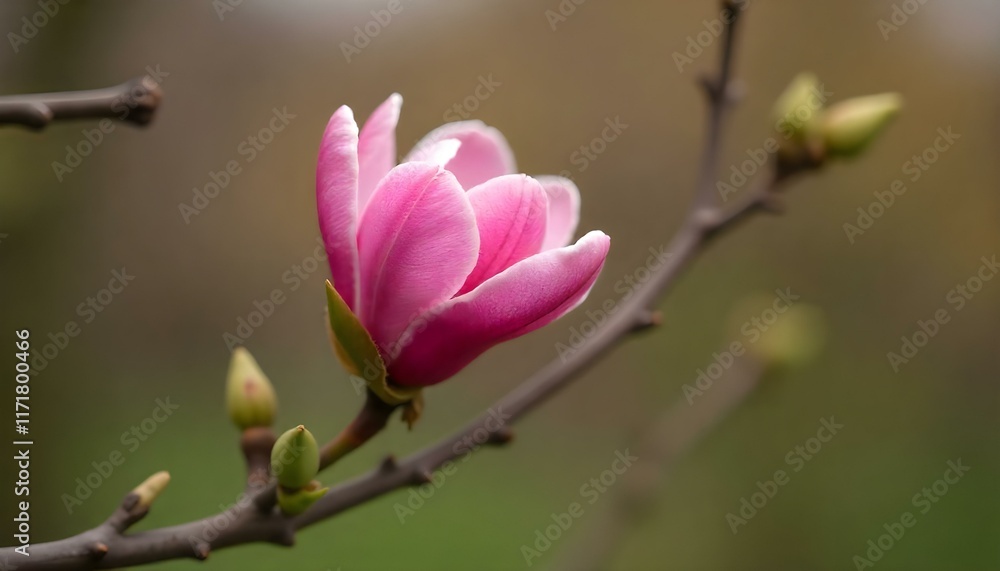 bud of pink magnolia flower on tree branch and green buds on natural background outdoors spring and blooming plants landscape gardening bud of pink magnolia flower on tree branch and green buds on natural background outdoors spring and blooming plants landscape gardening