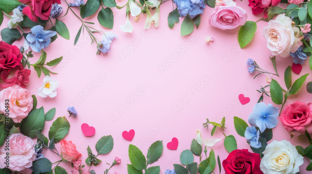 Beautiful floral frame composition with roses, hydrangeas, eucalyptus leaves and hearts on pink background for Valentine's Day, copy space Beautiful floral frame composition with roses, hydrangeas, eucalyptus leaves and hearts on pink background for Valentine's Day, copy space