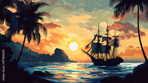 Ship under palm. Sunchaser. Illustration photo