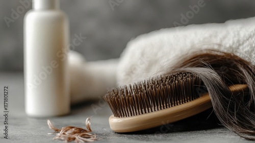 Close-up of hairbrush with strands of hair caught in the bristles, next to a bottle of conditioner, emphasizing a daily hair care routine. The soft neutral background highlights the essential tools