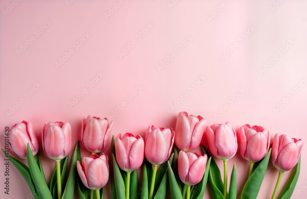 Fototapeta premium Spring flowers bouquet of pink tulips on pastel pink backdrop. Beautiful floral composition. Perfect for celebrations like Mothers Day, Womens Day, Easter, Valentines Day. Flat lay top view design