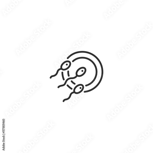 Minimalist black line icon of sperm and egg encounter with white background