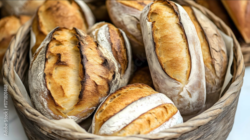 A rustic basket filled with freshly baked loaves including baguettes sourdough and ryebread The bread has a crisp goldenbrown crust with visible crumbsNatural lighting photo