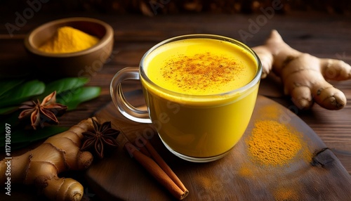 a photo of a mug of golden turmeric latte on a wooden table digital pic