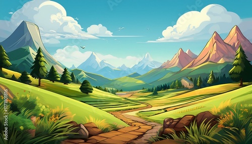 cartoon style landscape with mountains in the background