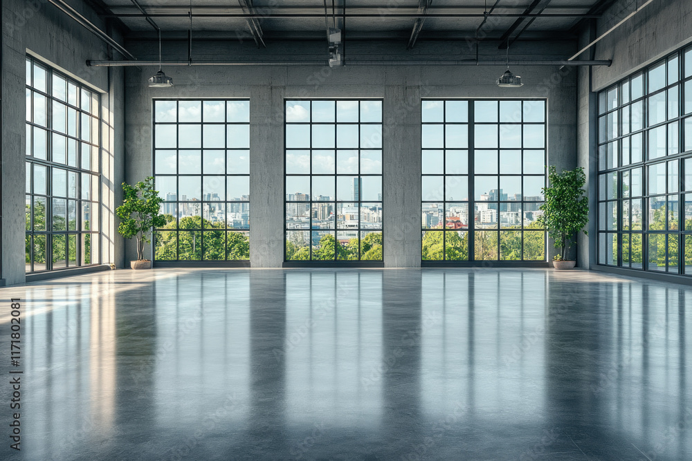 Large room with expansive windows offering a panoramic city view. Large room with expansive windows offering a panoramic city view.