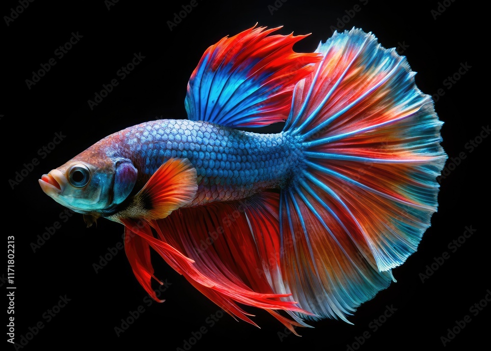 Captivating night portrait of a Siamese fighting fish, isolated against a dark backdrop, showcasing its vibrant colors in a macro underwater shot. Captivating night portrait of a Siamese fighting fish, isolated against a dark backdrop, showcasing its vibrant colors in a macro underwater shot.