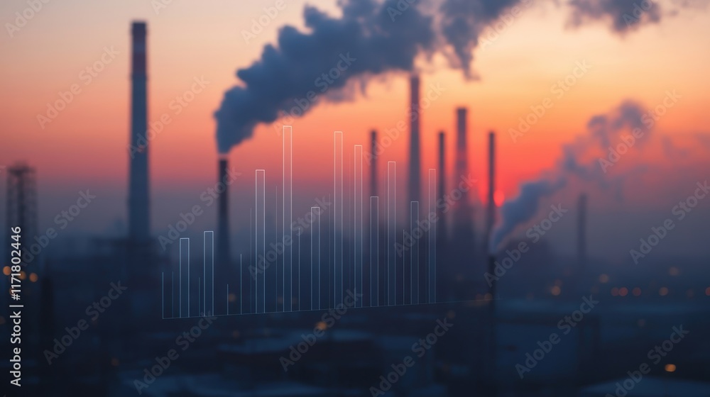 Obraz premium Graph illustrating rising levels of industrial air pollution emitted by smokestacks at a factory, set against a stunning orange sunset, highlighting environmental challenges and concerns