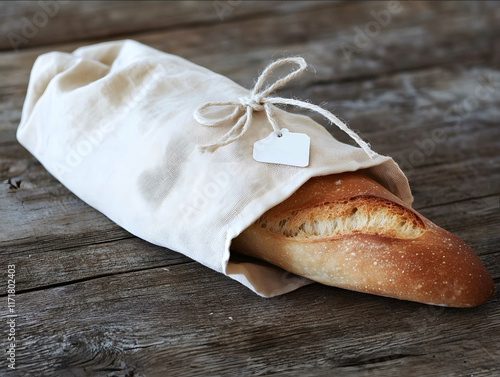 a organic natural cotton bread bag Inside the bag ist a freshly baked baguette The bag is closed with a drawstring closure a simple white tag hanging from the drawstrin photo