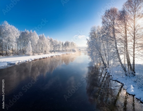 birch trees covered in a thick layer of snow line a serene riverbank reflecting the bright sunlight on a clear frosty winter day creating a tranquil and picturesque landscape photo