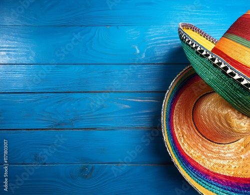 a vibrant mexican sombrero on a blue wooden background symbolizing mexican heritage and celebrations like cinco de mayo perfect for festive banners and hispanic heritage promotions