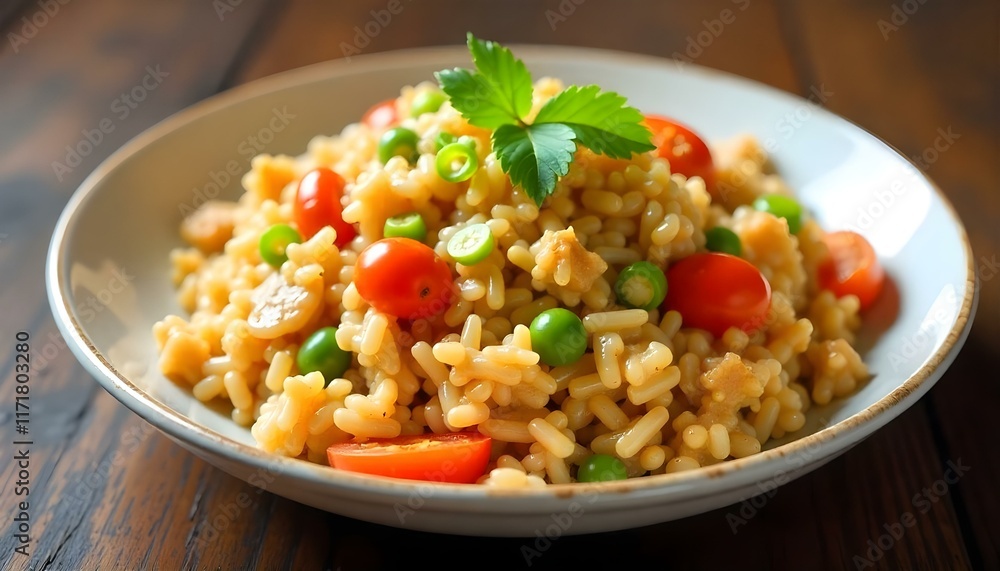 fried rice with chicken and vegetables real photo fried rice with chicken and vegetables real photo