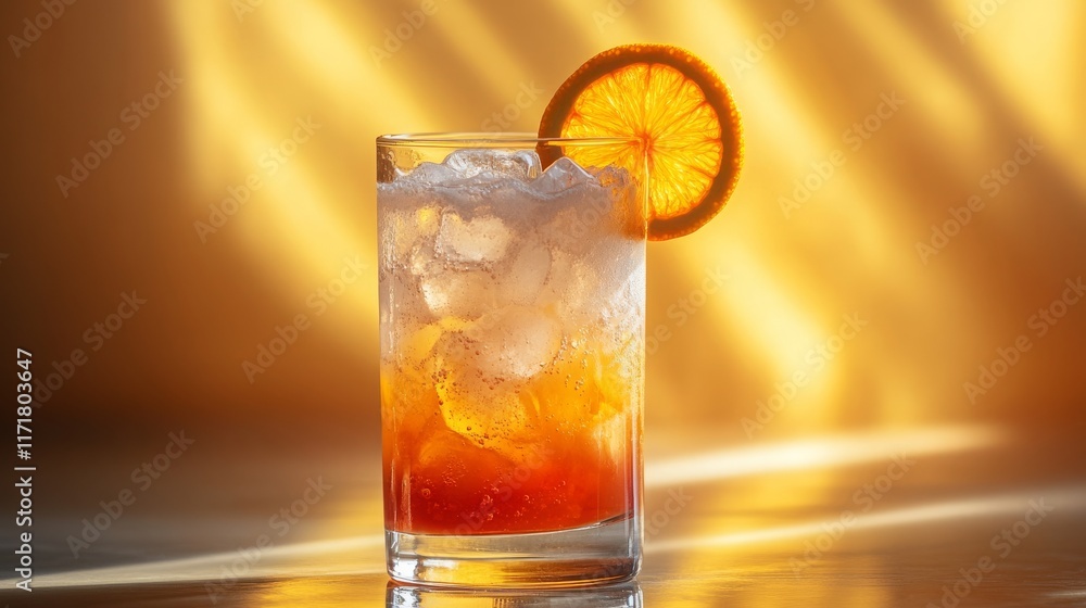 Cinderella mocktail in glass, featuring crushed ice, an orange slice garnish, and a visible gradient from yellow to orange. The drink is surrounded by soft reflections and set on a wooden surface Cinderella mocktail in glass, featuring crushed ice, an orange slice garnish, and a visible gradient from yellow to orange. The drink is surrounded by soft reflections and set on a wooden surface