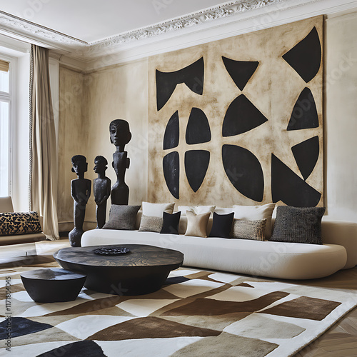 Minimal living room with African inspired sculptures photo