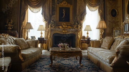 Luxurious living room with ornate fireplace, sofas, and gold accents.