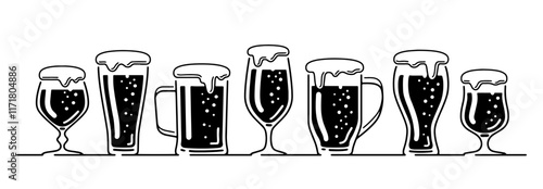 Beer with foam in glasses. Alcoholic drinks set. Pub, brewery concept vector illustration