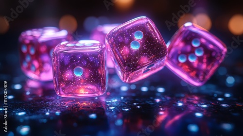 3D Render of Glowing Purple and Blue Dice with Neon Effects on Black Background

