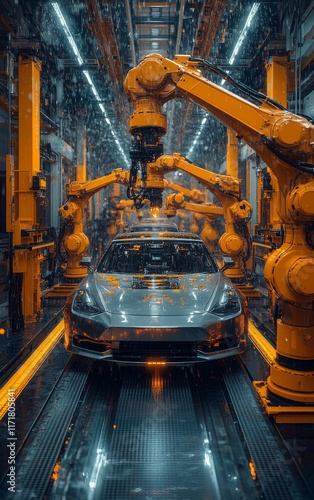 Dynamic Car Production Line with Robotic Arms Welding an SUV Body

