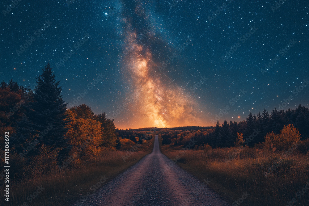 Naklejka premium Country Road Underneath a Starry Night Sky