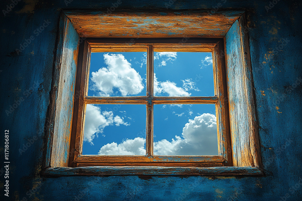 Fototapeta premium A weathered wooden window frames a bright blue sky and fluffy clouds