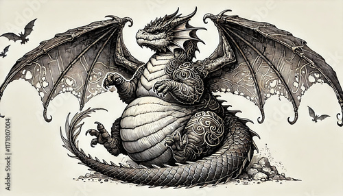 Wallpaper Mural Chubby faty dragon with intricate scales, wings, and regal expression, blending fantasy and artistry sketch. Scratch board imitation. Black and white image. Generative AI. Torontodigital.ca