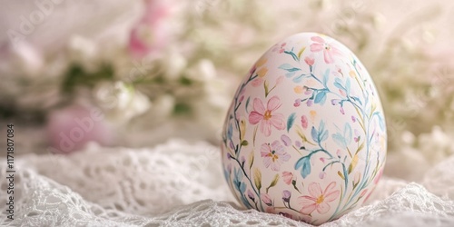 Delicate hand painted easter egg with floral design on lace for spring decor photo