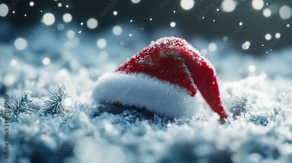 A classic red Santa hat resting on a pile of shimmering snowflakes A classic red Santa hat resting on a pile of shimmering snowflakes