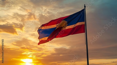 A close view of Cambodia flag blowing softly against the backdrop of a peaceful sunset