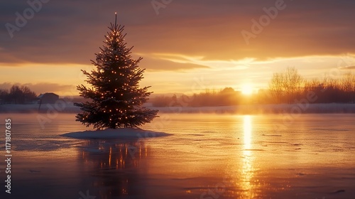 A Christmas tree silhouette standing by a frozen lake at sunset, reflecting the soft golden light