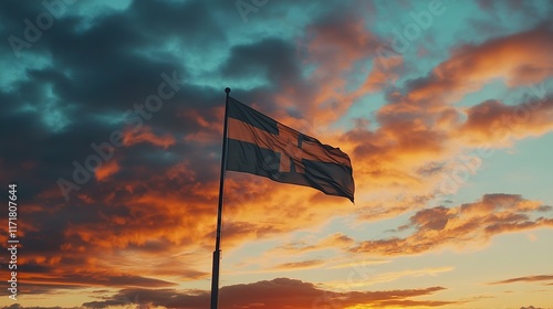 A cinematic view of the Finland flag rippling gracefully with a beautiful sky filled with hues of orange and pink