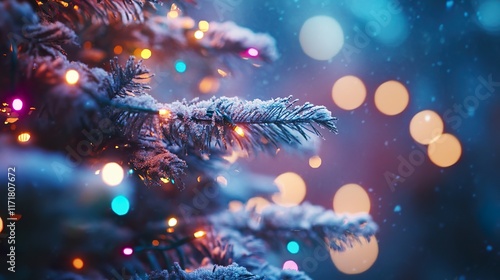 A Christmas tree with snow-tipped branches, glistening under multicolored holiday lights