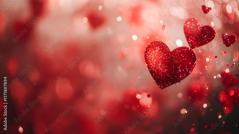 Shimmering red glitter hearts falling softly, blending with dreamy bokeh background for romantic Valentine's Day mood Shimmering red glitter hearts falling softly, blending with dreamy bokeh background for romantic Valentine's Day mood